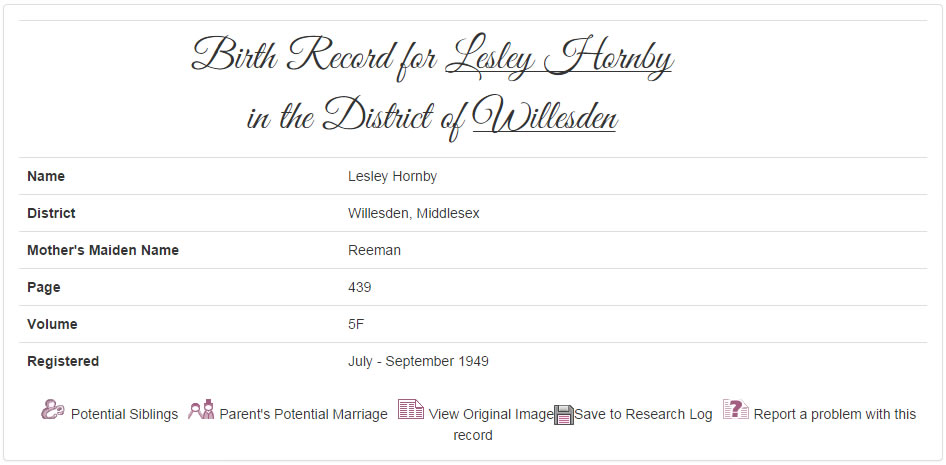 Twiggy's birth record on TheGenealogist