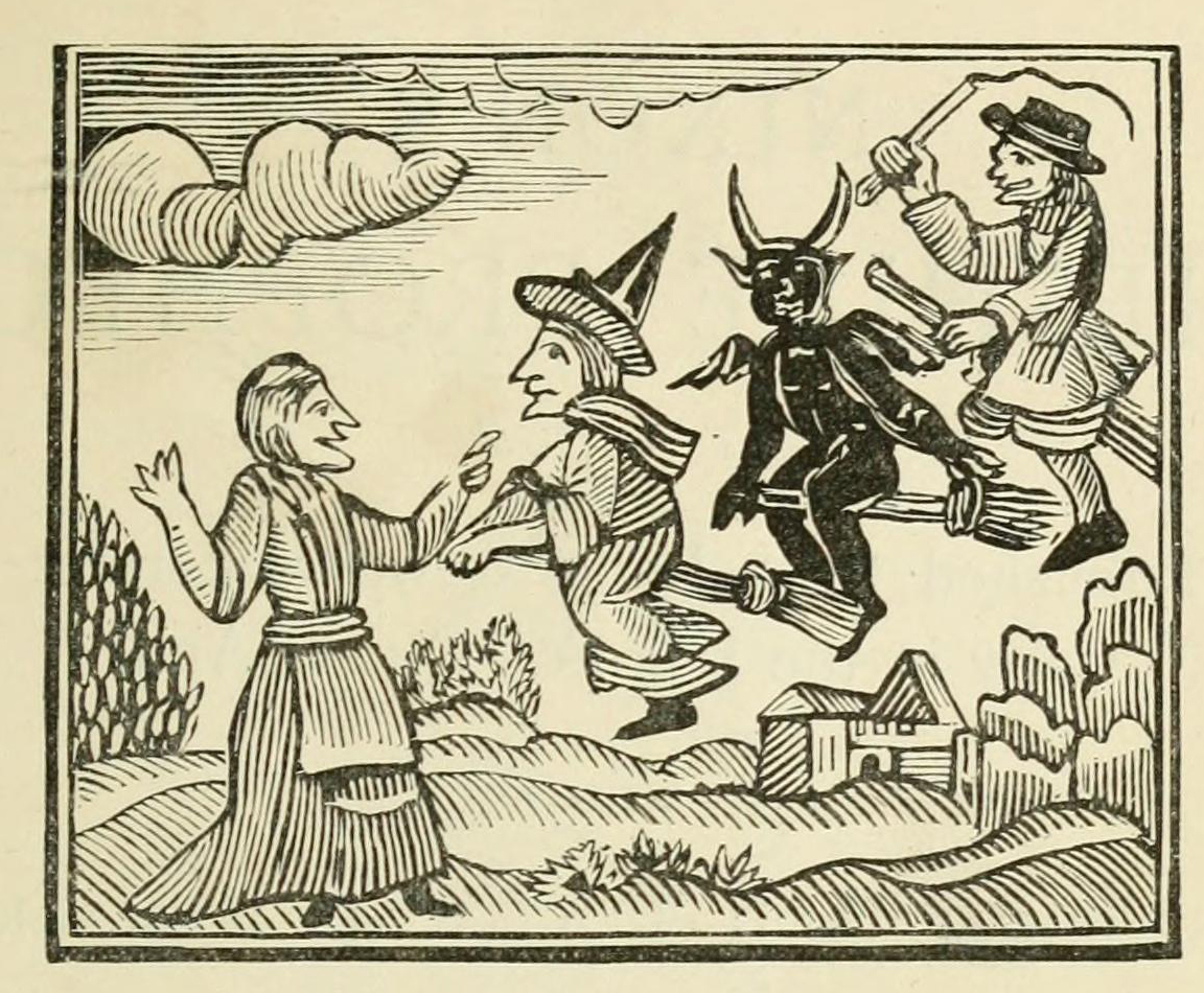 Witches on broomsticks, featured in The History of Witches and Wizards (1720)