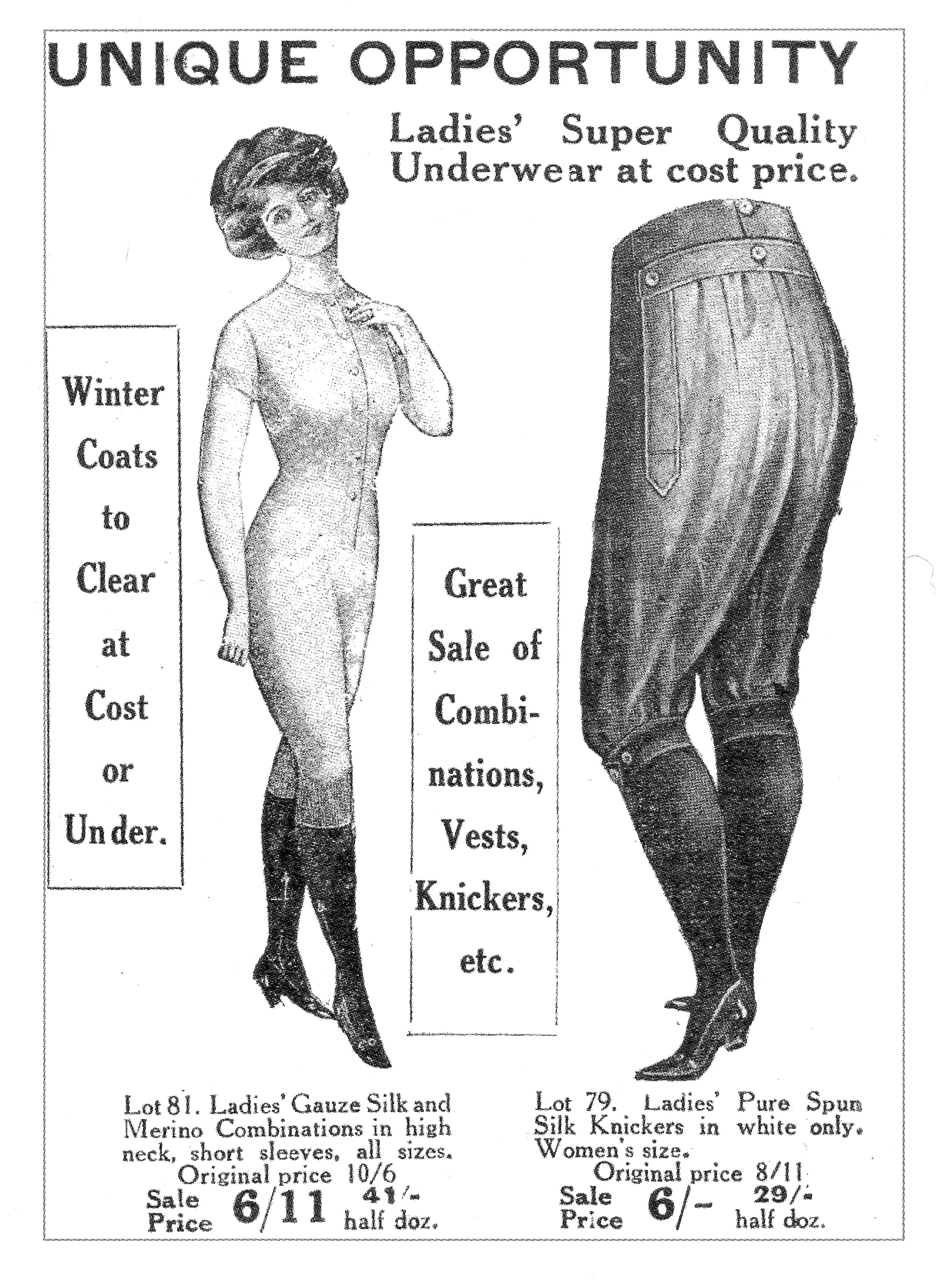 This advert from 1914 shows the enduring popularity of functional Victorian combinations combining vest and drawers and the new closed Directoire ‘knickers’ (after ‘knickerbockers’) 