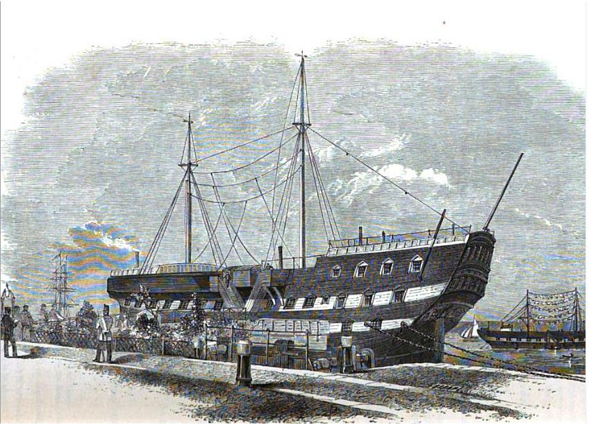 The Warrior hulk with the Sulphur washing-ship in the distance (from Mayhew & Binny, The Criminal Prisons of London, 1862)