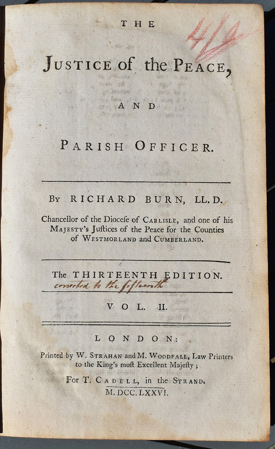 The title page of volume 2 of the 13th edition of Justice of the Peace, dating from 1776 -Pictures by Nell Darby 