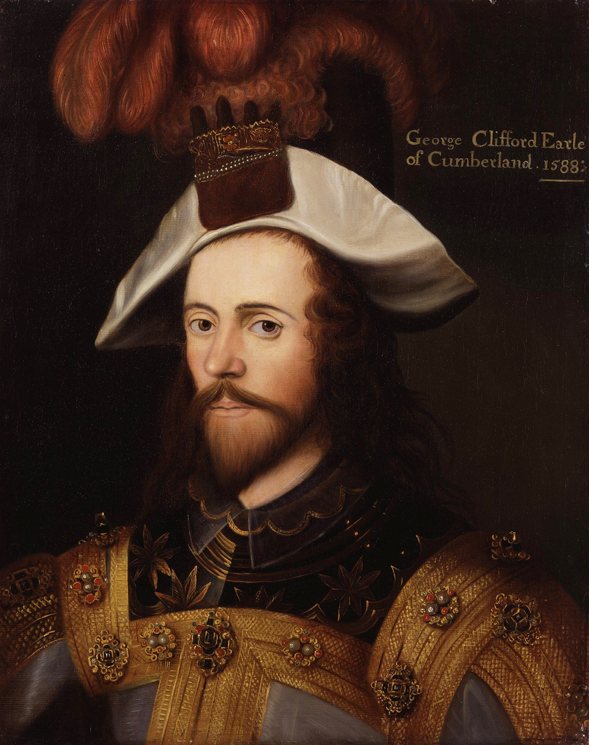 This painting after N Hilliard depicts George Clifford, 3rd Earl of Cumberland in his role as Queen’s Champion at the Tilt of 1590, wearing Queen Elizabeth I’s glove as a hat favour