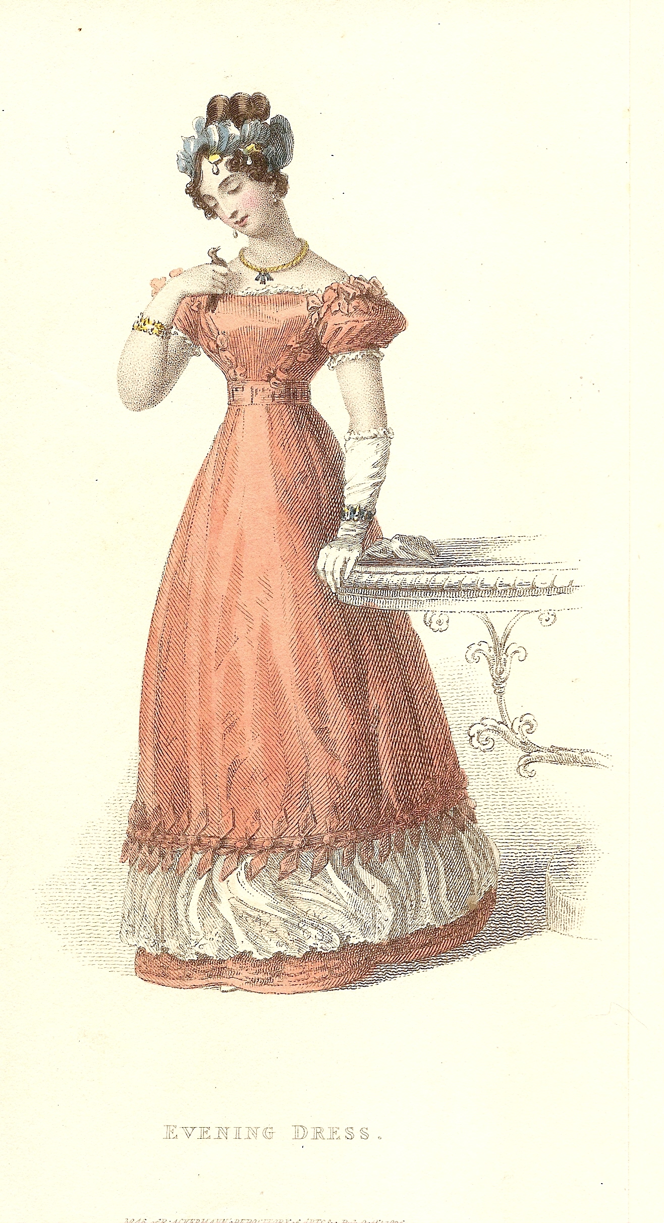 Prominent bracelets were de rigueur for evening wear, as seen in this fashion plate from Ackermann’s Repository of Arts, October 1826