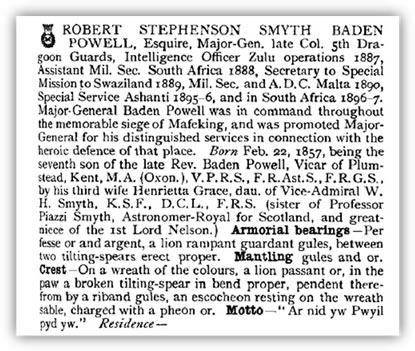 Entry for Baden-Powell from Armorial Families, published 1902