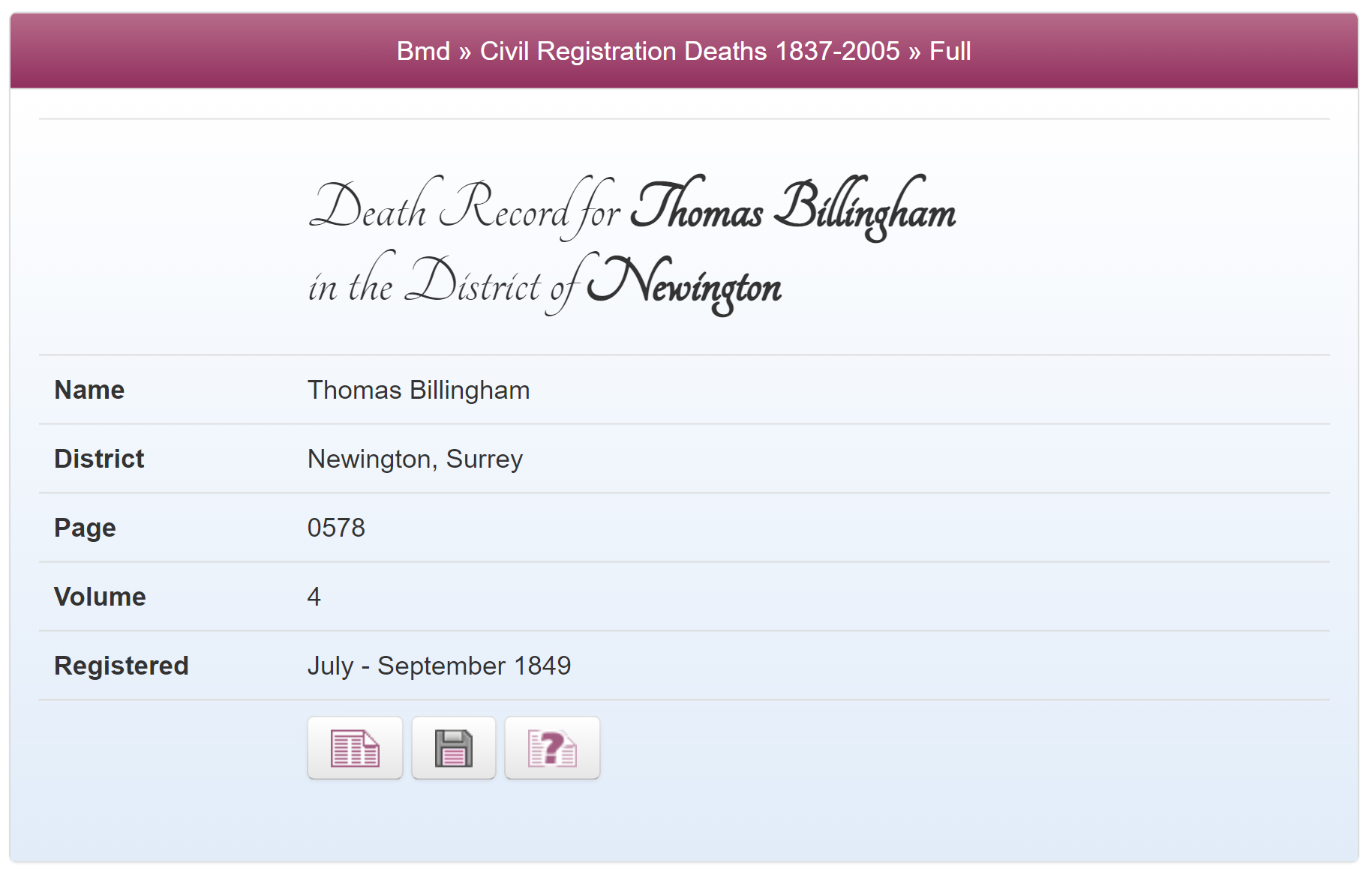 Thomas Billingham's Death Record