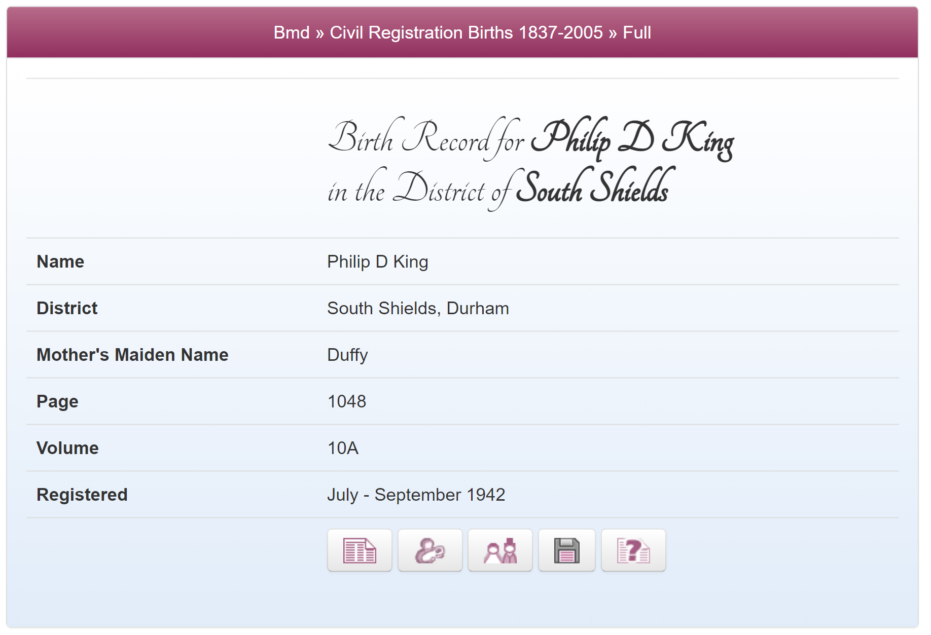 Philip King's birth record
