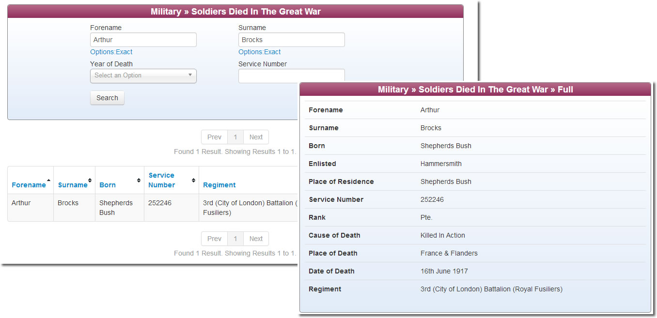 Arthur Brocks in the 'Soldiers Died in the Great War' at TheGenealogist.co.uk