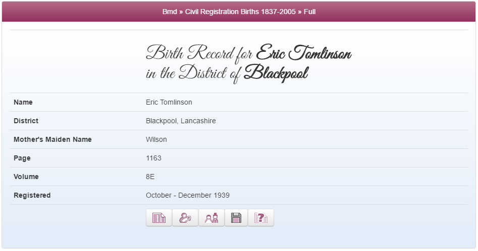 Ricky Tomlinson's birth record at TheGenealogist.co.uk