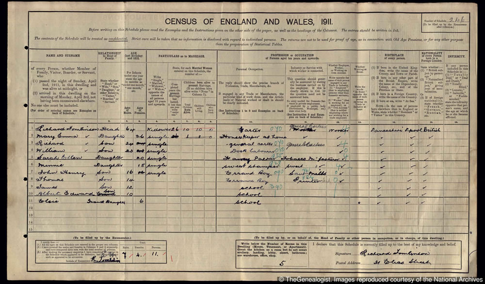 Ricky's dad and great grandparents in the 1911 census for Everton, Liverpool on TheGenealogist