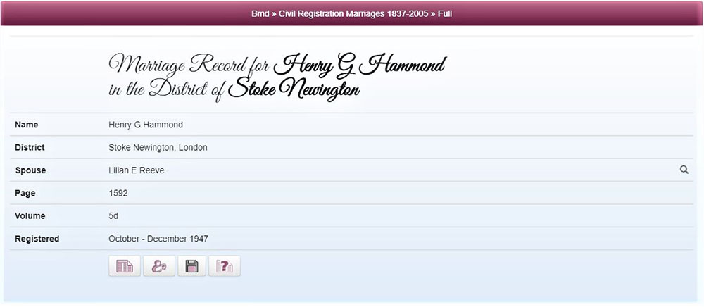 Henry G Hammond married Lillian E Reeve Stoke Newington 4th quarter 1947