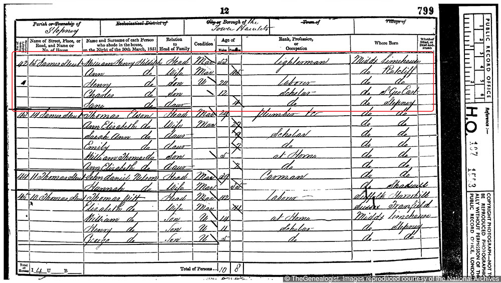 William Henry Hilditch in 1851 census for Stepney in London