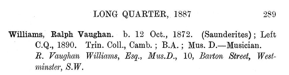 Ralph Vaughan Williams in the Charterhouse Register, 1872-1900