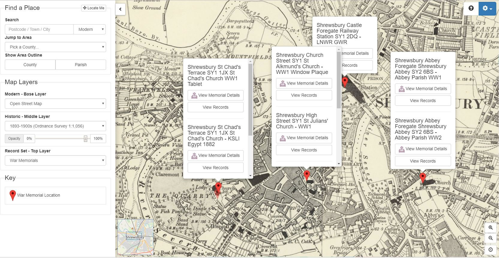 Map Explorer™ showing the location of War Memorials in Shrewsbury, Shropshire