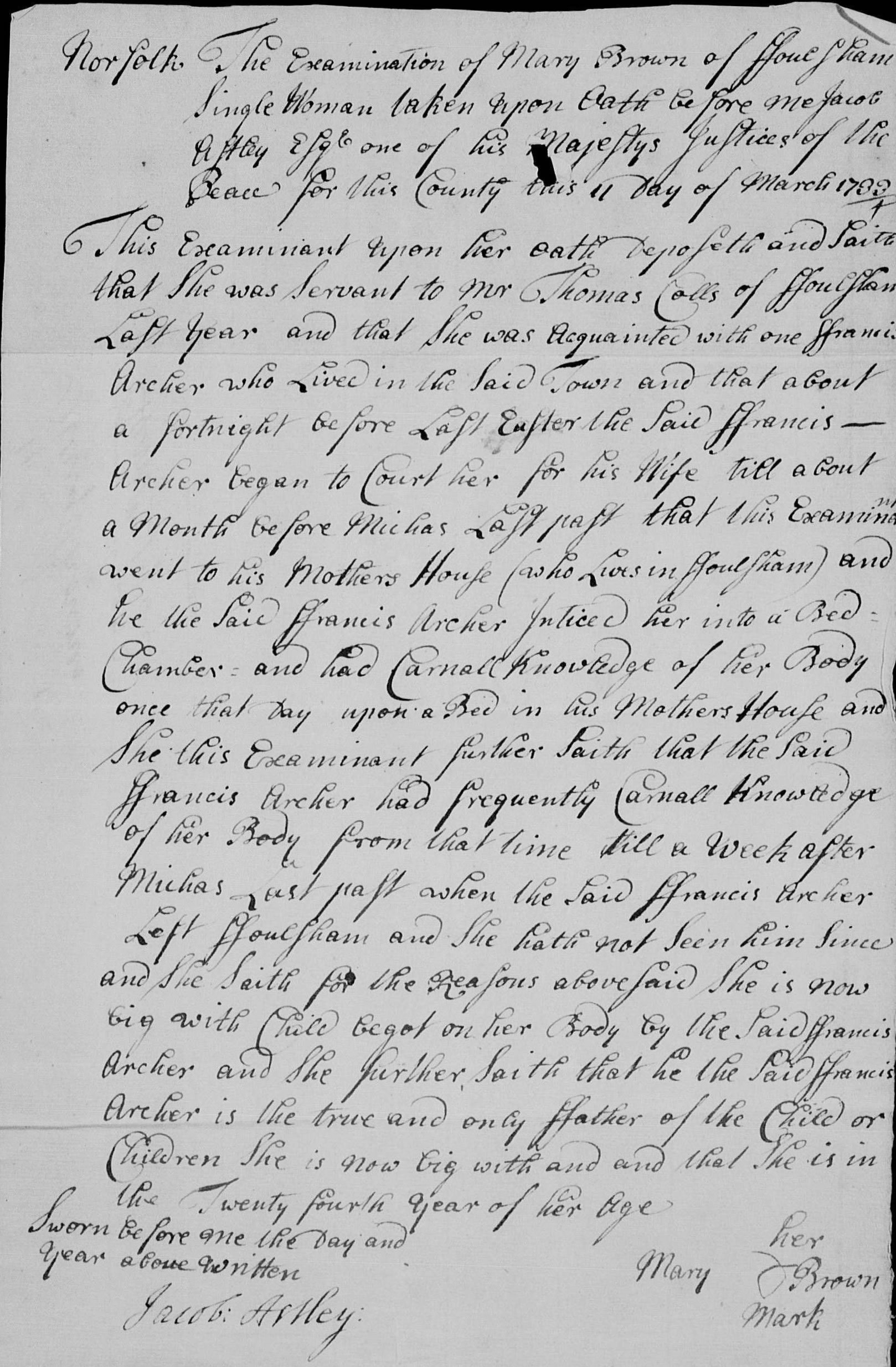 Bastardy examination for Mary Brown of Foulsham, 11 March 1733