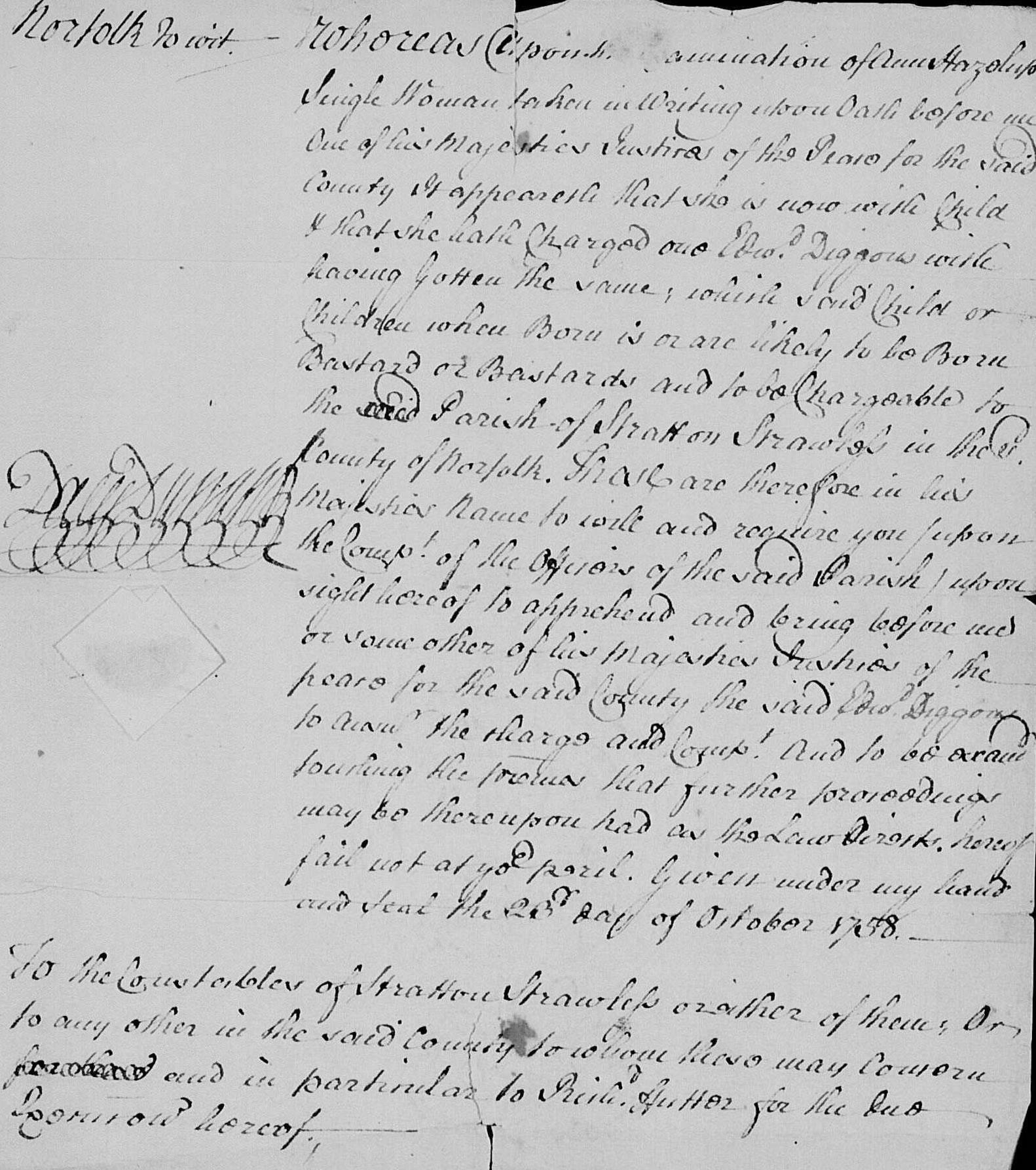 Bastardy Warrant from Stratton Strawless 28 October 1758