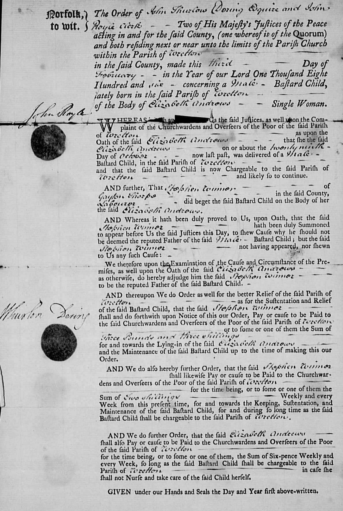 Bastardy Order from Parish of Wretton 1806