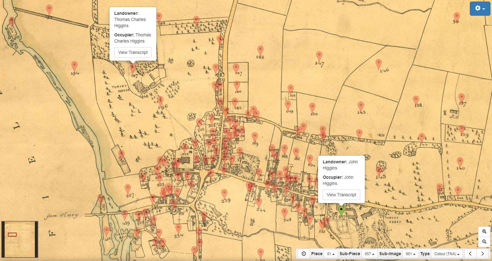 Turvey House in relation to Turvey Abbey – Tithe maps from TNA in the National Tithe Record Collection on TheGenealogist