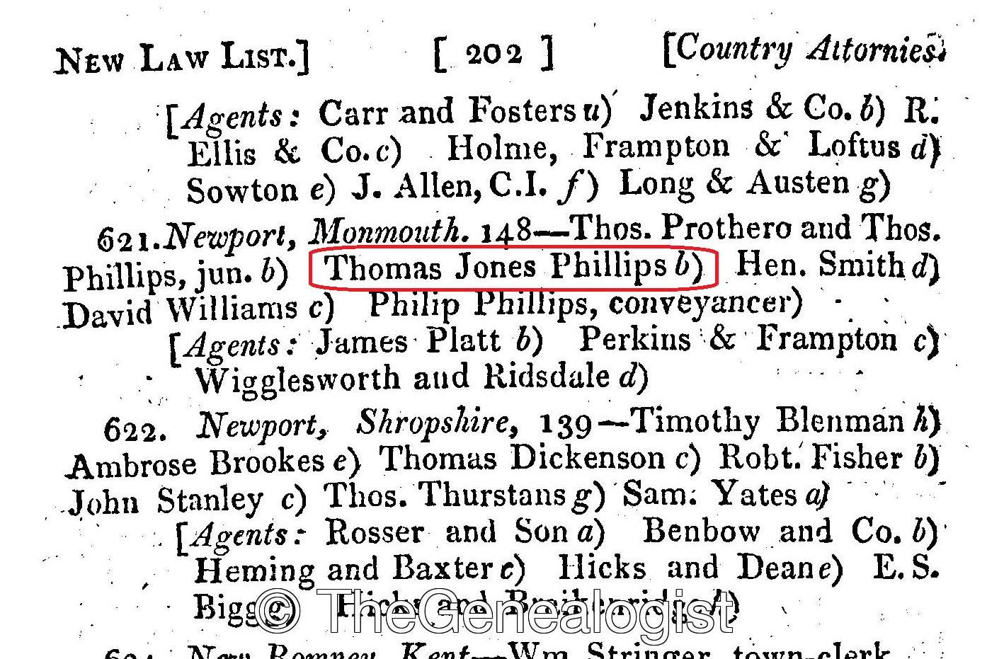 Thomas Jones Phillips in TheGenealogist's Occupational Records – 1826 Clarke's New Law List