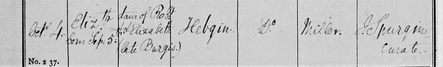 Baptism October 4th 1818 in Docking, Norfolk Parish Registers of Elizabeth Hebgin daughter of the Miller