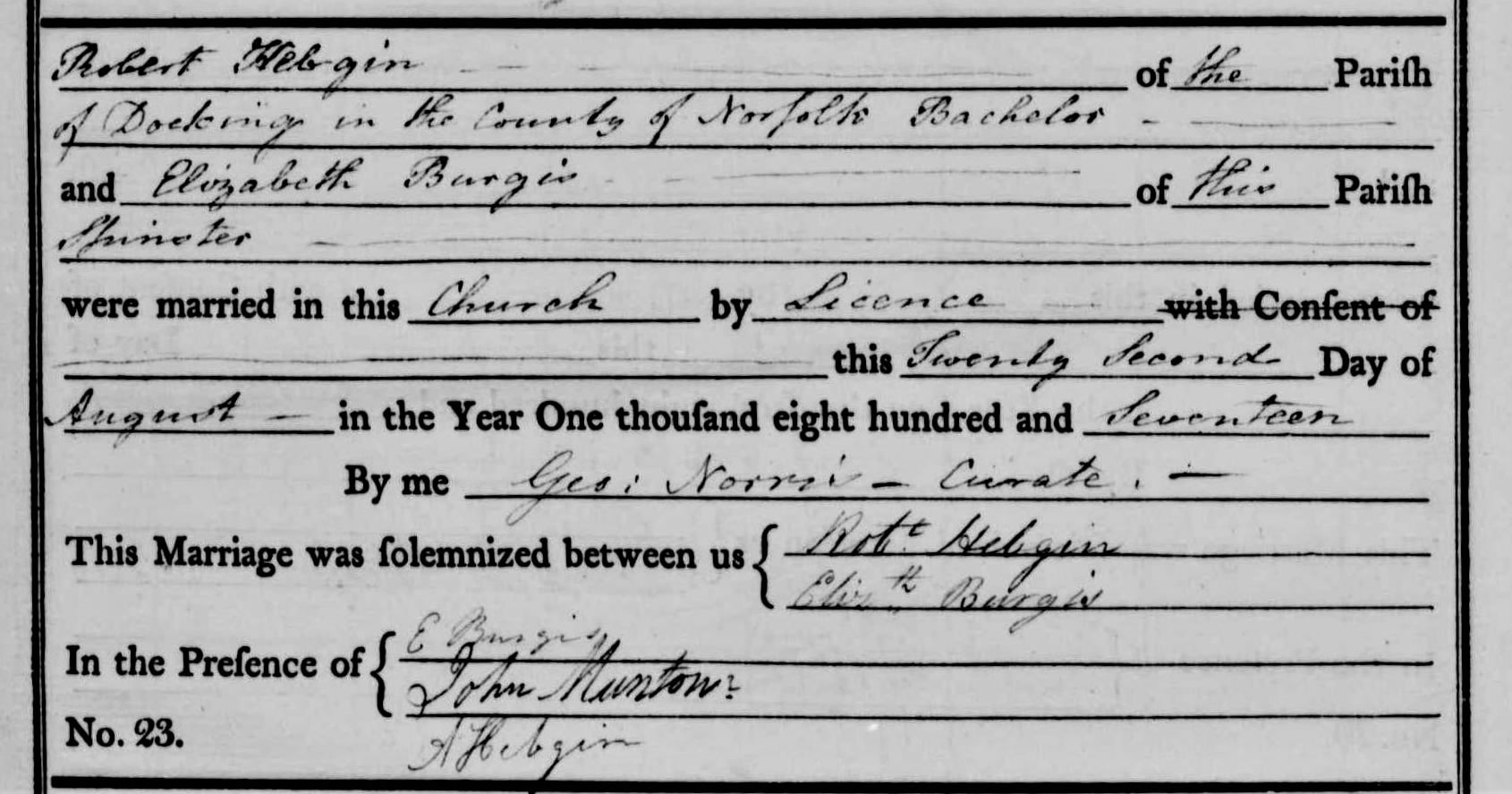Marriage of Robert and Elizabeth by licence on 22nd of August 1817 in the Docking Parish Registers