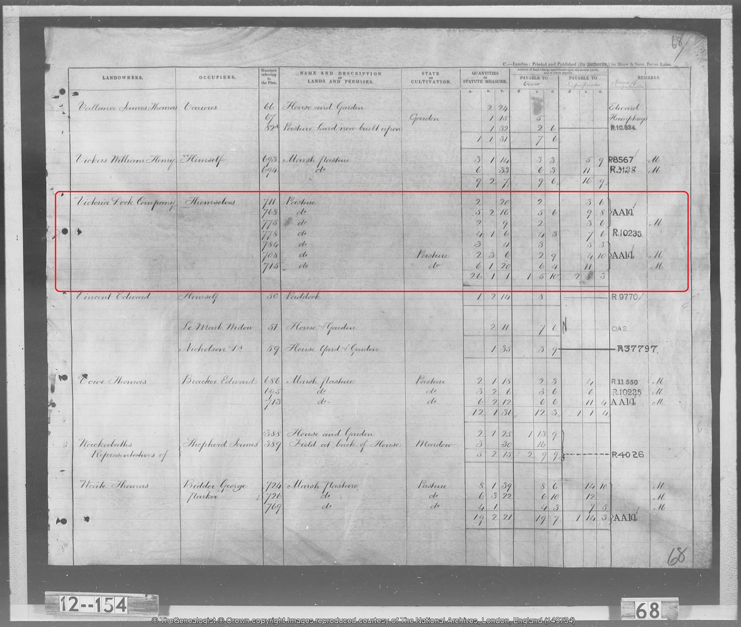The Victoria Dock Company in the Tithe apportionment book linked to the Tithe Maps on TheGenealogist