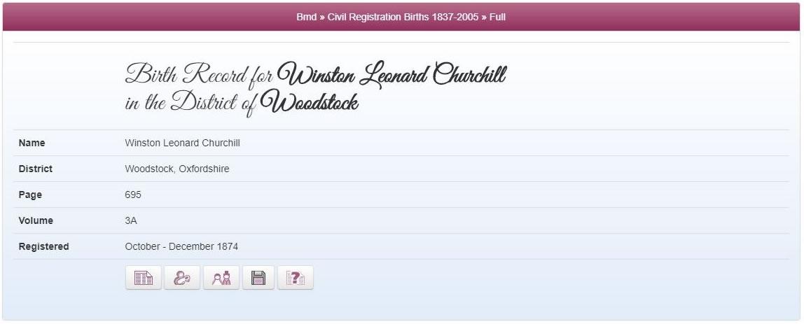 Birth record for Winston Leonard Churchill 1874 Woodstock, Oxfordshire
