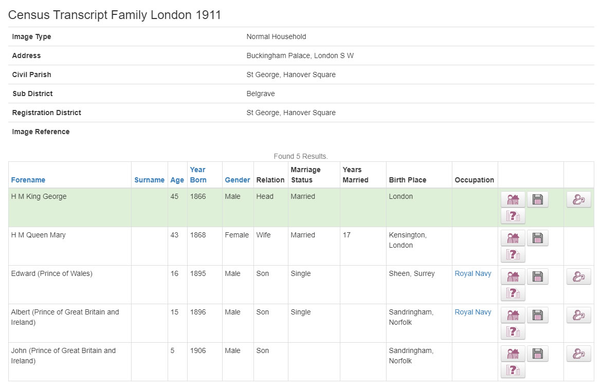 1911 census search results for Buckingham Palace and first name George returns H. M. King George's family