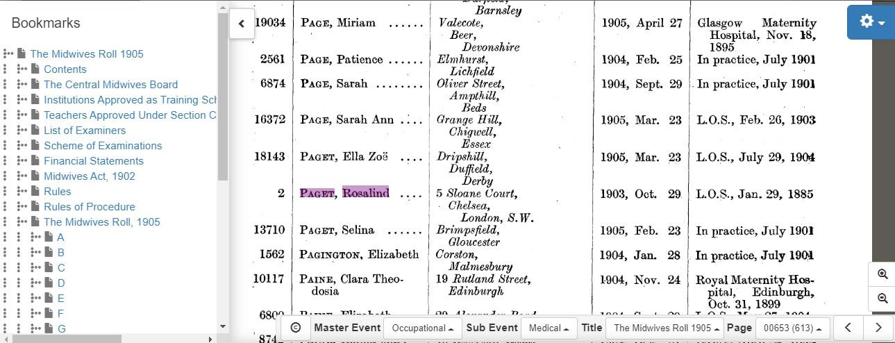 Rosalind Paget in The Midwives Roll 1905 on TheGenealogist