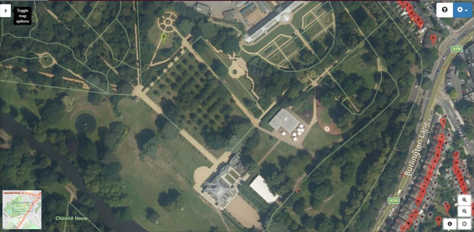 Chiswick House on Bing Hybrid map shows house today minus wings that were demolished in 1950s