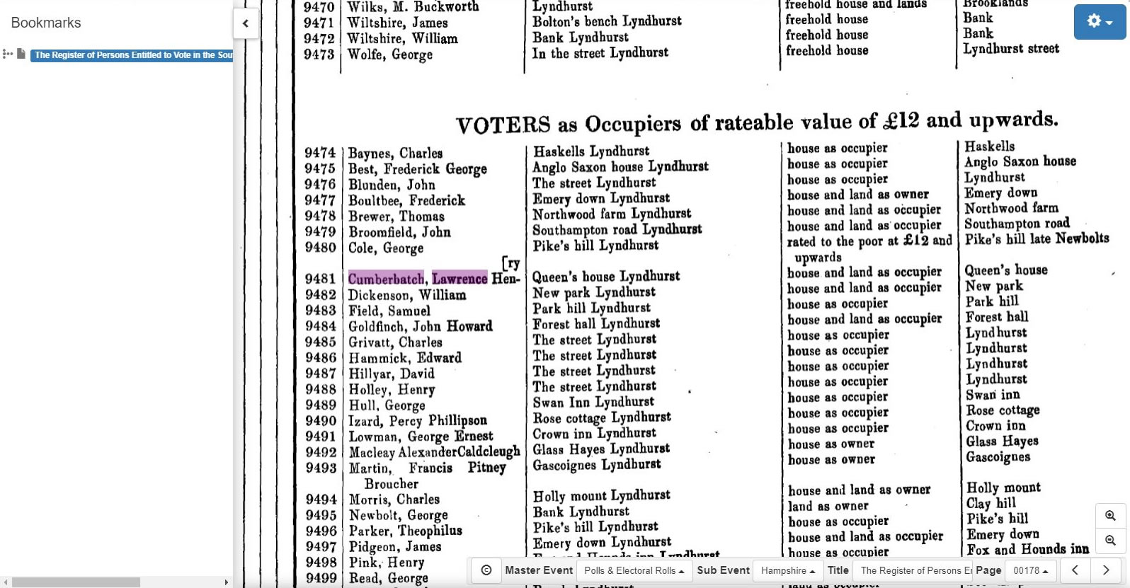 Lawrence Henry Cumberbatch in 1874 Poll Book