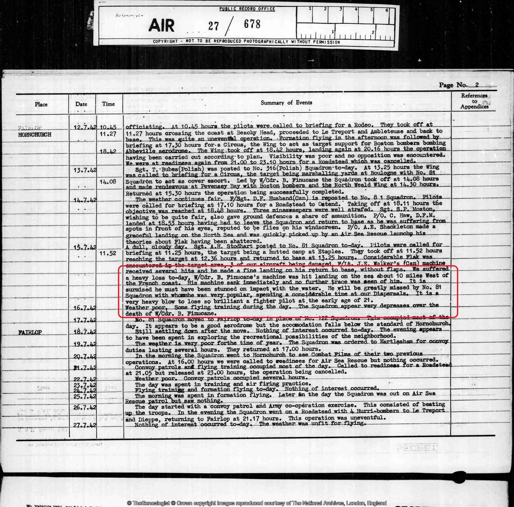 Air 27 Operations Record Book (ORB) for Finucane's squadron records his loss