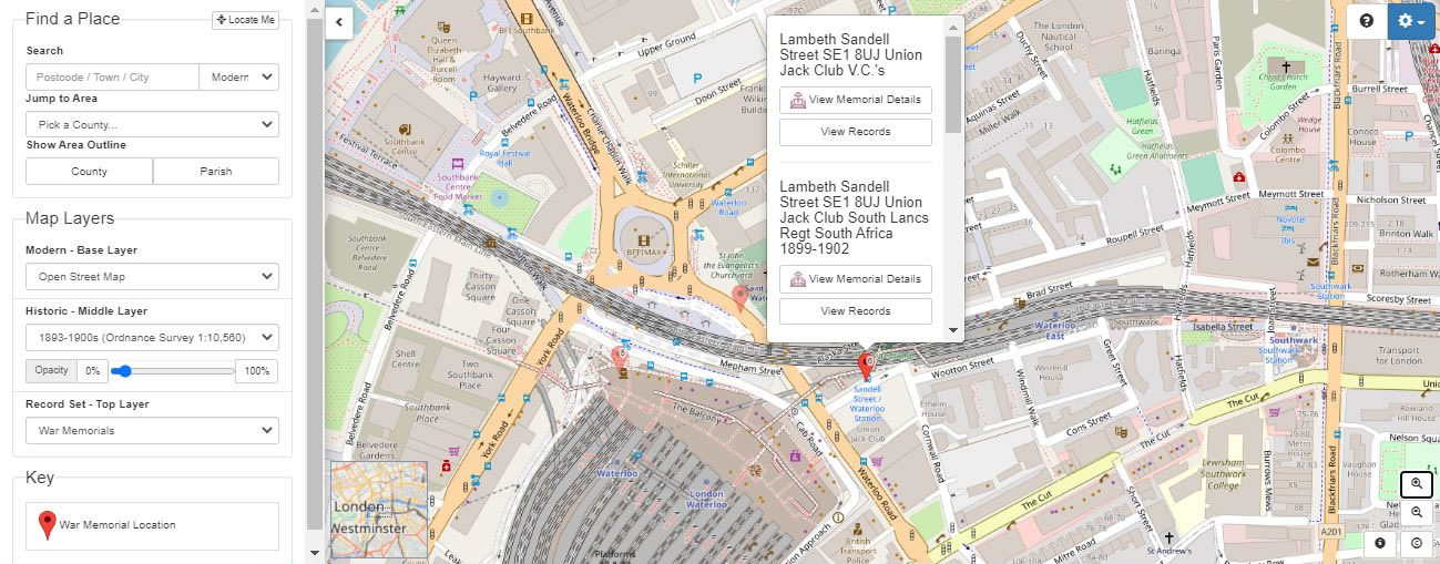 You can use Map Explorer to find the location of War Memorials such as the Victoria Cross and George Cross boards at the Union Jack Club in Lambeth