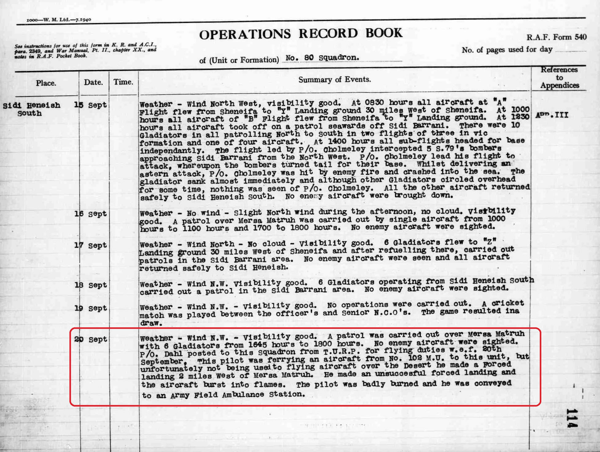 Operations Record Book detailing Dahl's crash in the desert