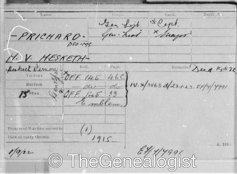 Medal card is one of the records found in the Military Records on TheGenealogist for Major Hesketh-Prichard