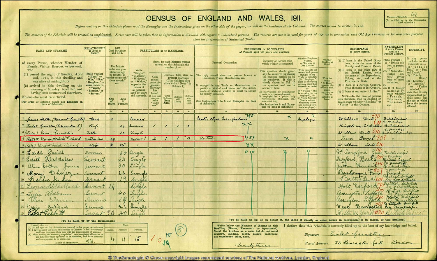 1911 census records Hesketh Prichard as an author