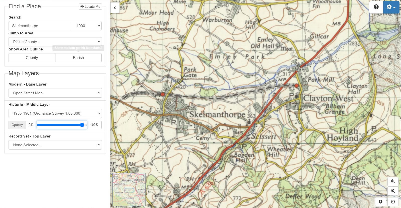 Skelmanthorpe in West Yorkshire shown on a 1950s map on TheGenealogist's Map Explorer™