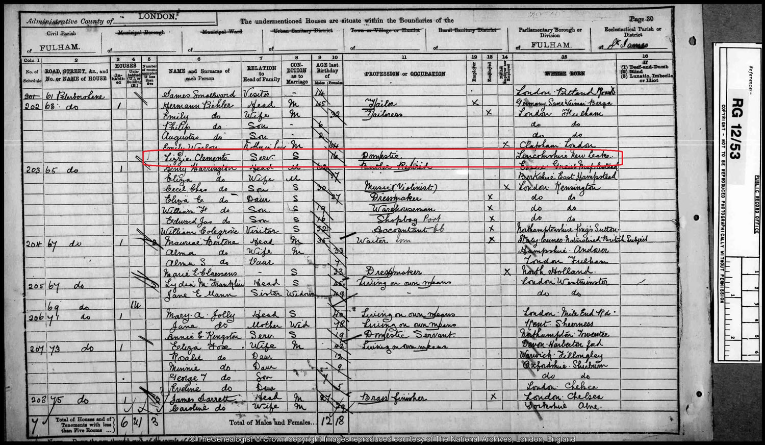 1891 census for Fulham in London, where Eliza (Lizzie) was a domestic servant age 16