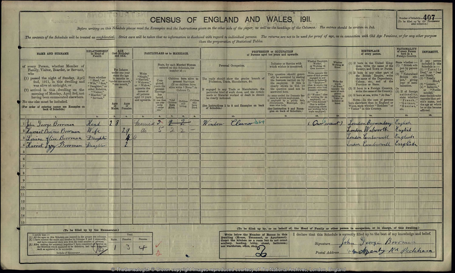 1911 census on TheGenealogist shows that John Boorman was a window cleaner at the time