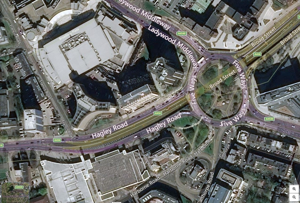 Bing satellite map shows Five Ways as a huge roundabout with a sunken pedestrian underpass garden