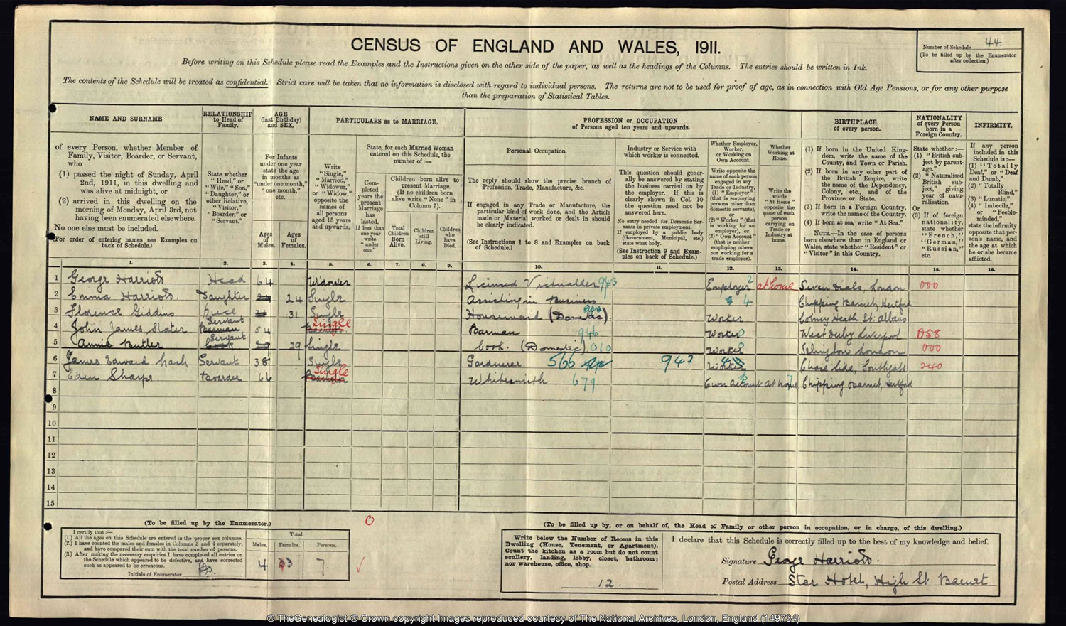 1911 census of the High Street in Barnet shows that George Harriott was the employer at the Star Hotel