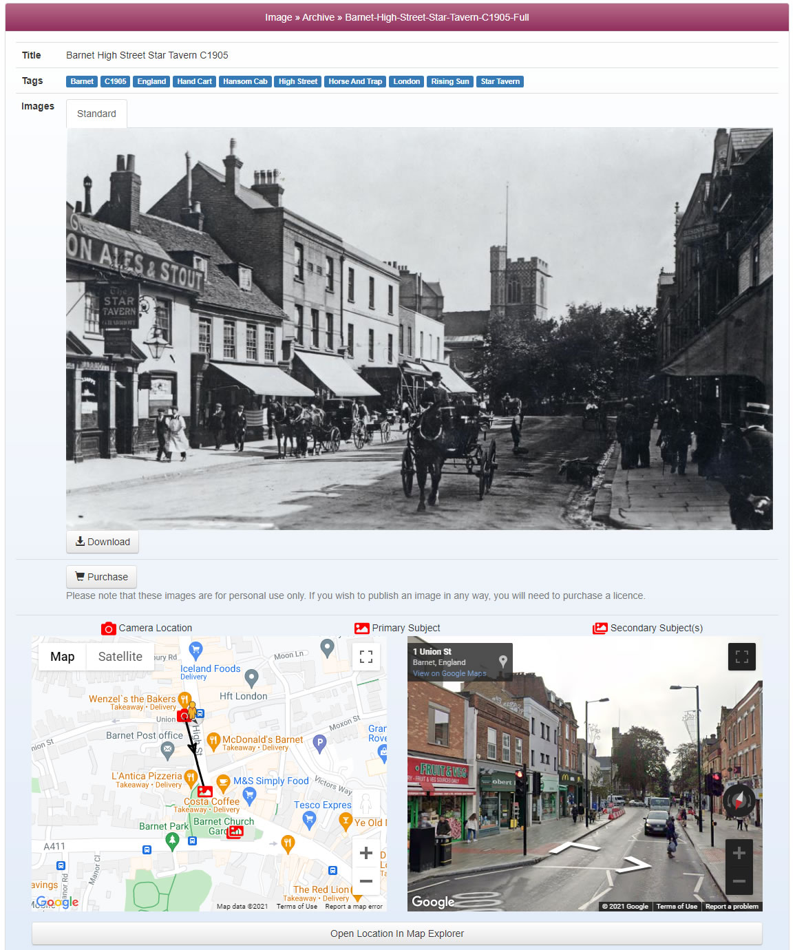 When viewing a record, you see the photo location, the photographer position, along with a modern map and street view (where available) enabling a comparison to be made of the image and how the area looks today
