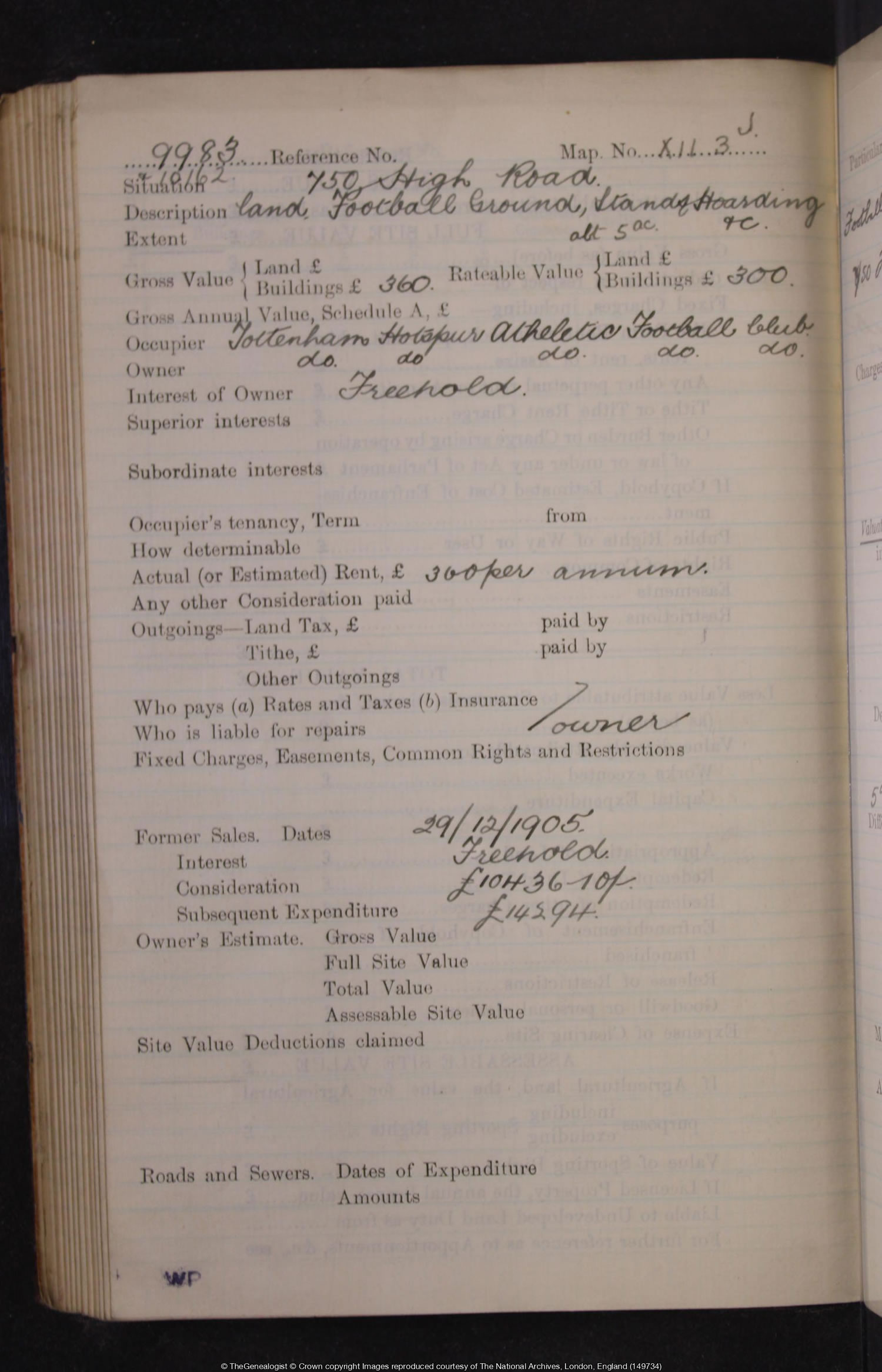 Lloyd George Domesday Field Book for the Tottenham Hotspur Athletic Football Club