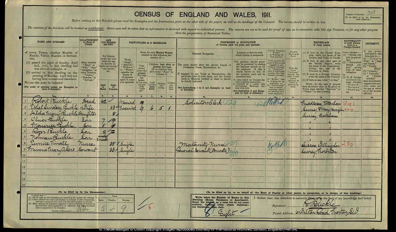 1911 census find Bobby Buckle and family at 6 Wilton Road