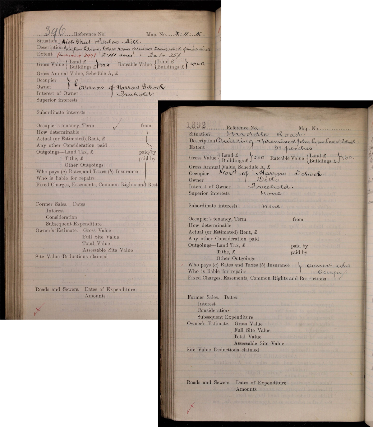 Harrow School and the John Lyon School recorded in the Field books for Harrow on the Hill