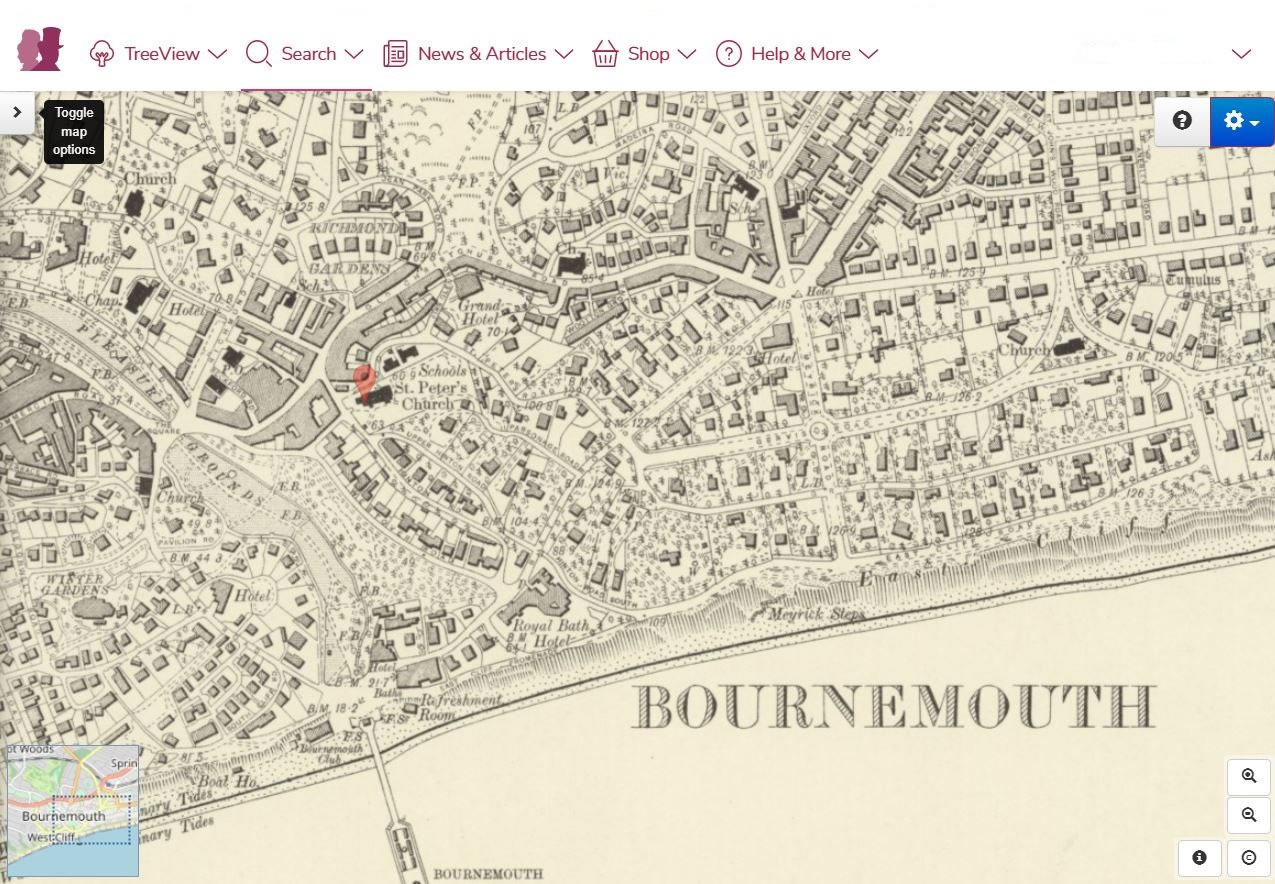 Map Explorer™ Bournemouth historical map with a pin on St Peter's Church