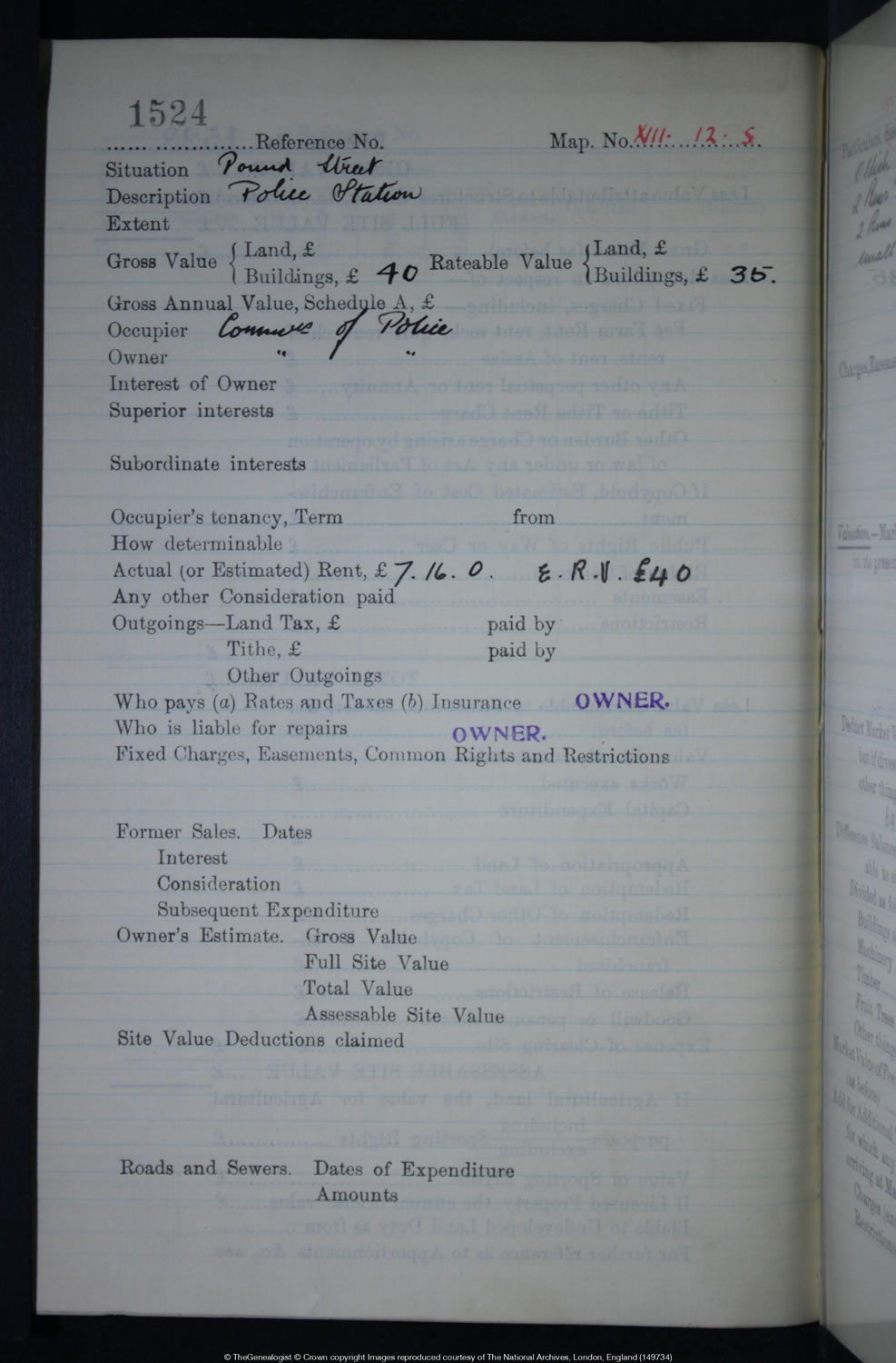 IR58 Field Book for the Pound Street Police Station, an "Oldish yellow brick & slate premises 2 Rms 2 cells"