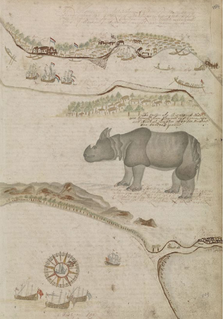 Pages from Edward Barlow's journal, including a depiction of a rhino - presumed to be the same one which was
		brought to London