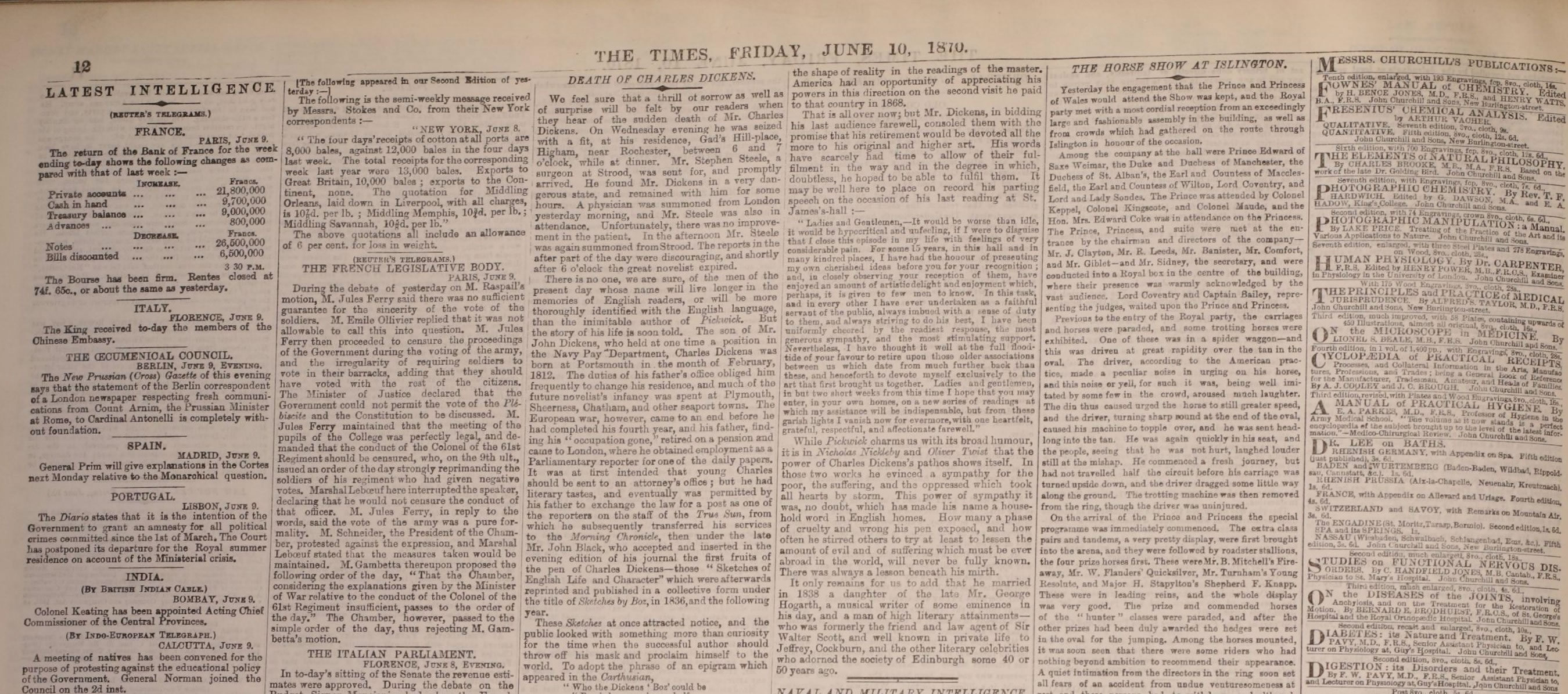 The death of Charles Dickens warranted a look at his life by the Times in June 1870