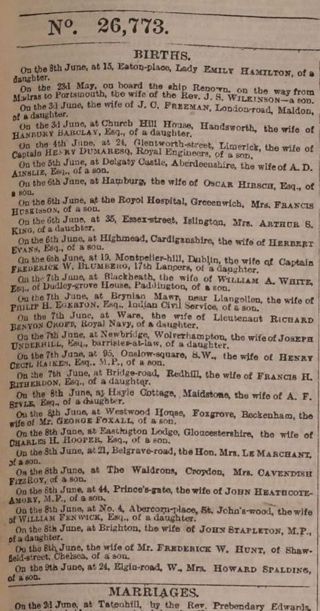 Find Births, Marriages and Deaths announcements in The Times 1870 decade from TheGenealogist's Newspaper and
		Magazine Collection