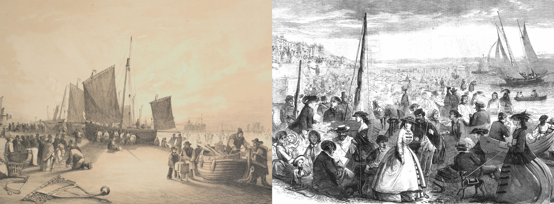 A tale of two cities: a fish market on the beach at Brighton in 1846 and – from The Genealogist's
				Illustrated
				London News collection – a fashionable beach scene on the same shores in 1859.